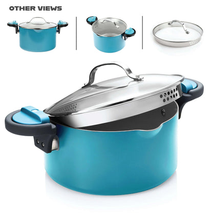 Gotham Steel 5 Qt Nonstick Pasta Pot with Strainer Lid & Twist and Lock Handles, Multipurpose Stock Pot, Dishwasher Safe, Aqua Blue