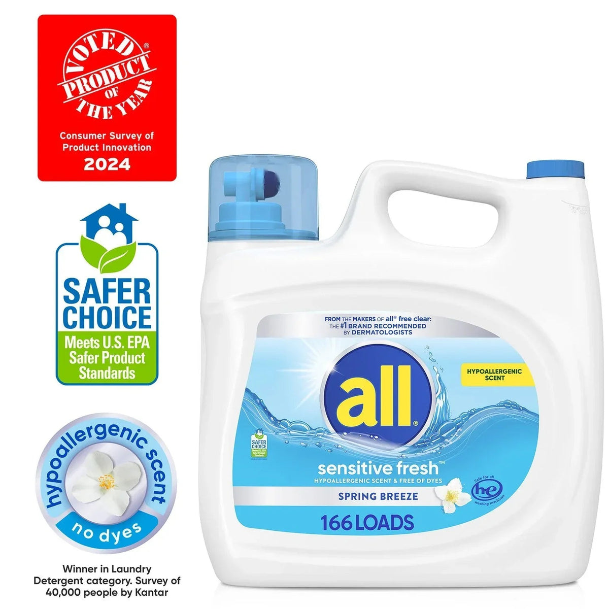 all Liquid Laundry Detergent Sensitive Fresh, Spring Breeze, 166 loads, 250 oz.
