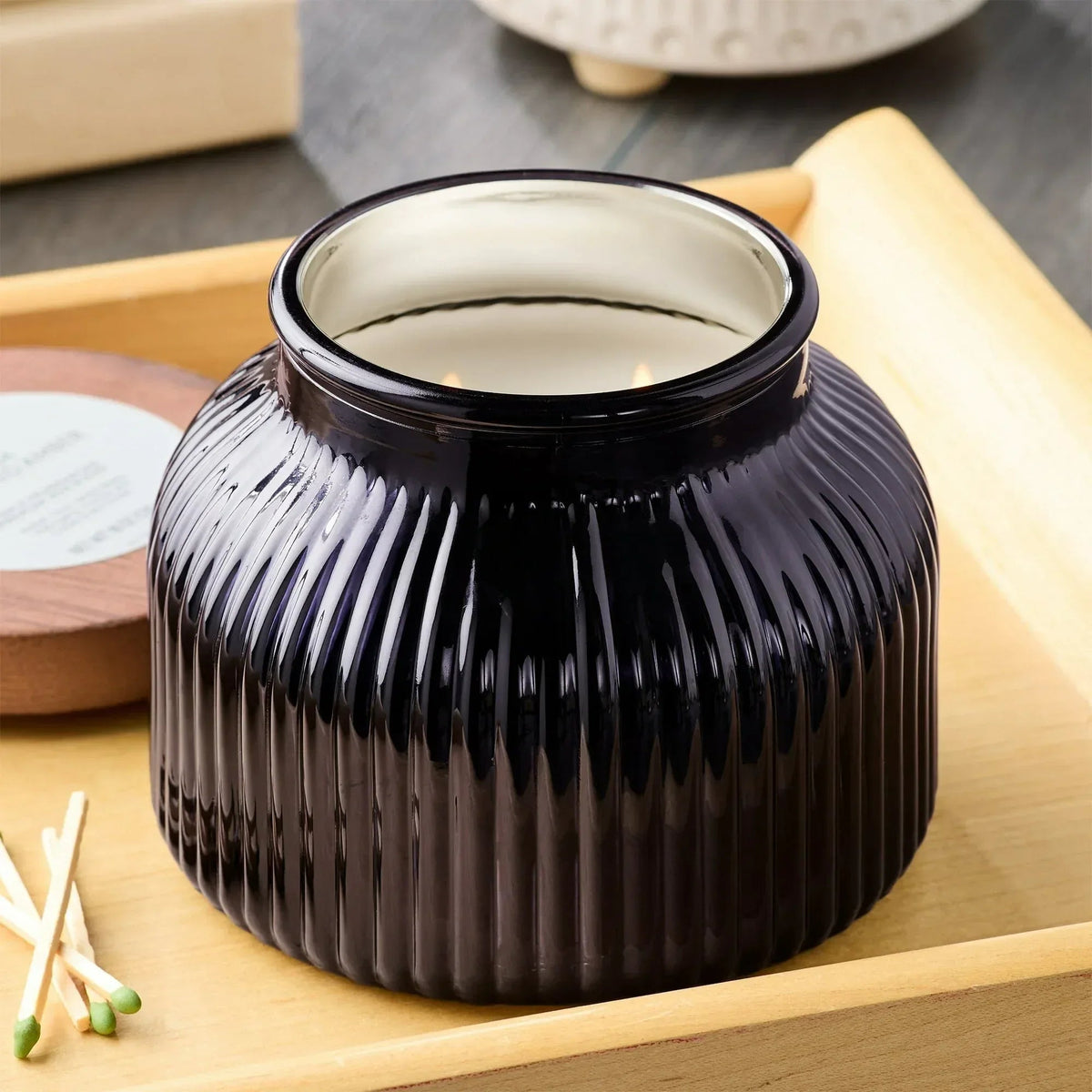 Better Homes & Gardens Scented Cotton 2-Wicks Ribbed Mecury Glass Jar Candle with Wooden Lid 18oz