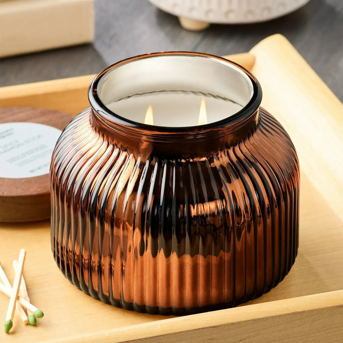 Better Homes & Gardens Scented Cotton 2-Wicks Ribbed Mecury Glass Jar Candle with Wooden Lid 18oz