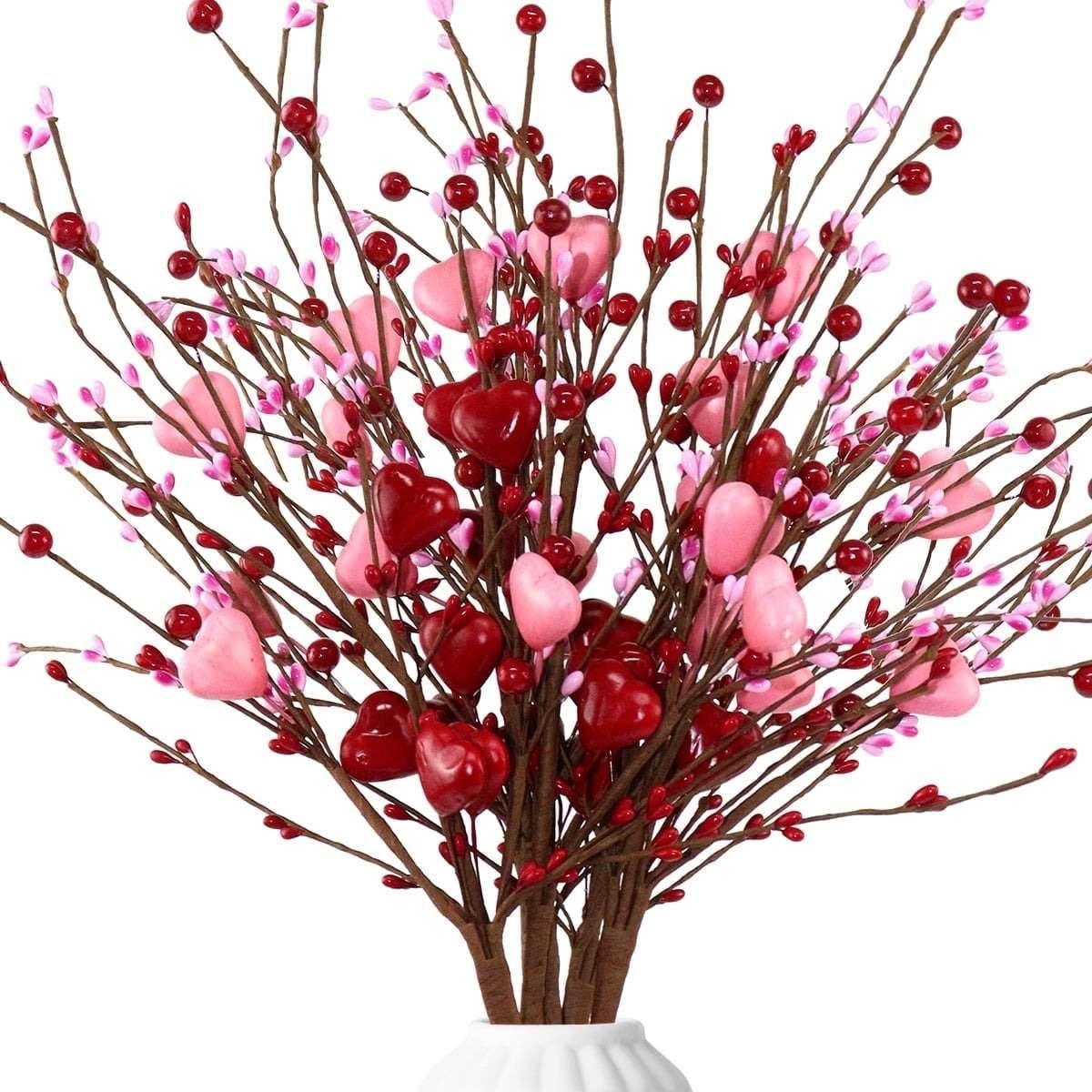 Valentine's Day Artificial Heart Stems - 17" Red Pink Heart Picks for Vase Filler, Wedding and Party Decor,6 pcs