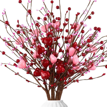 Valentine's Day Artificial Heart Stems - 17" Red Pink Heart Picks for Vase Filler, Wedding and Party Decor,6 pcs