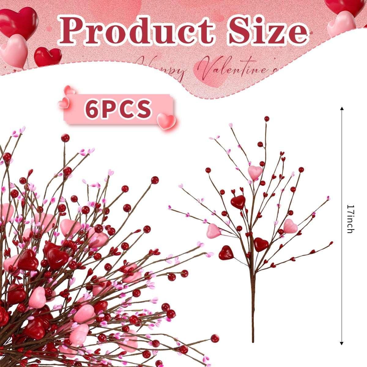 Valentine's Day Artificial Heart Stems - 17" Red Pink Heart Picks for Vase Filler, Wedding and Party Decor,6 pcs