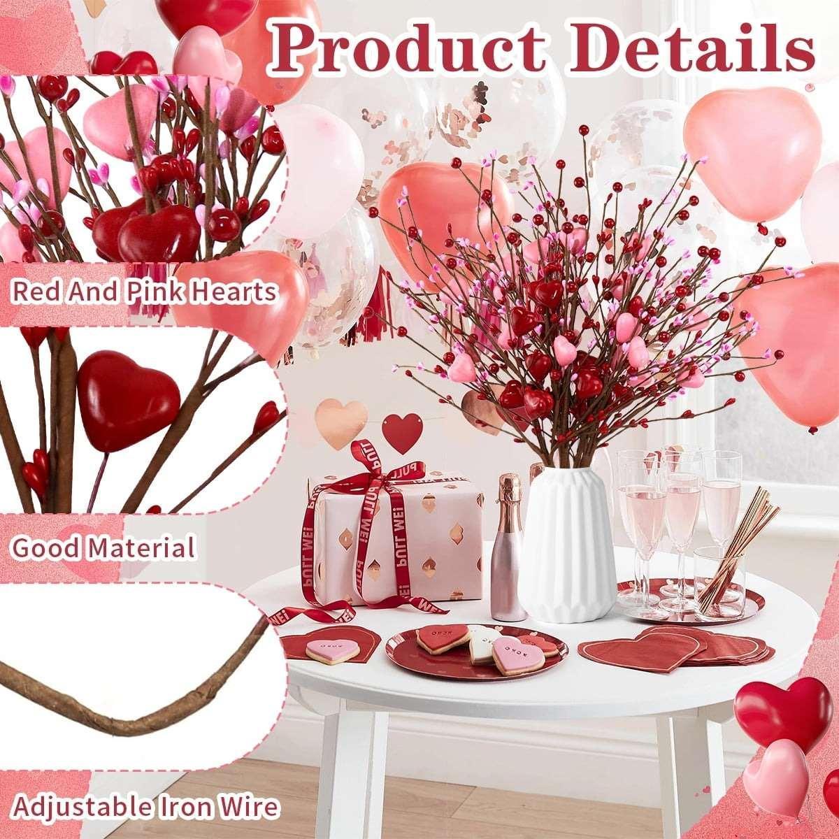 Valentine's Day Artificial Heart Stems - 17" Red Pink Heart Picks for Vase Filler, Wedding and Party Decor,6 pcs