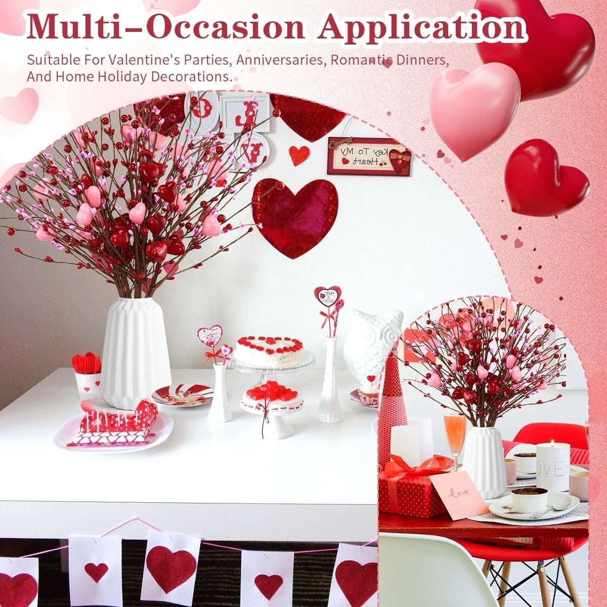 Valentine's Day Artificial Heart Stems - 17" Red Pink Heart Picks for Vase Filler, Wedding and Party Decor,6 pcs