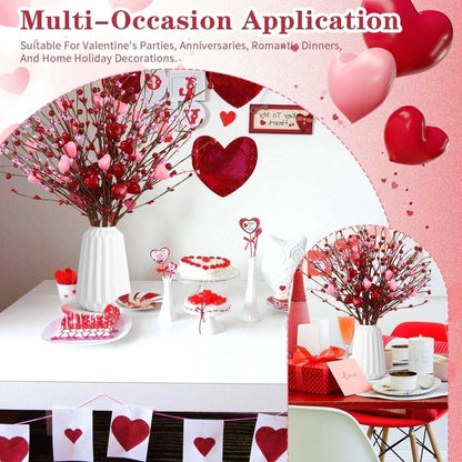 Valentine's Day Artificial Heart Stems - 17" Red Pink Heart Picks for Vase Filler, Wedding and Party Decor,6 pcs