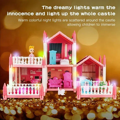 Anpro Pink Dollhouse Pretend Play Set for Kid, Big Villa Princess Castle, 5 Rooms Dollhouse with Doll Toy Figure for Boys and Girls Age 3+ Play House Gift Toys and Christmas