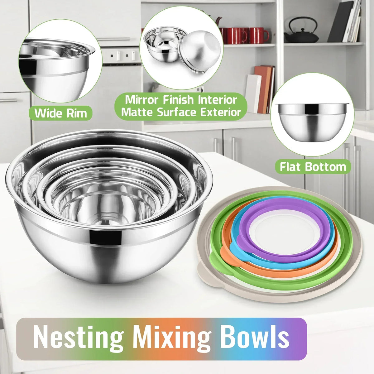 Vesteel Mixing Bowls with Lids Set of 8, Stainless Steel Prep Bowls with Upgraded Airtight Visible Lid, Metal Nesting Bowl Attach with 3 Graters for Kitchen Grating/ Shredding / Mixing