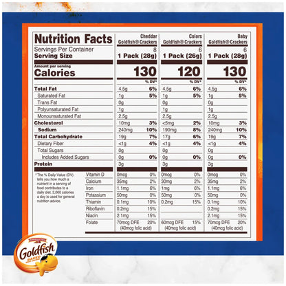 Goldfish Family Faves Crackers, Cheddar, Colors and Baby Crackers Snack Pack, 0.9 oz, 20-Count Variety Pack Box
