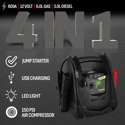 Schumacher Electric 800A Car Battery Jump Starter and Portable Power Station, 150-PSI Air Compressor, 12V Sport, Auto, and Marine Batteries, SJ1583