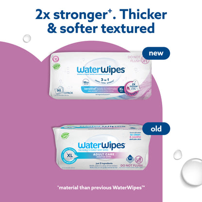 WaterWipes Sensitive Body & Intimate Wipes, 3-In-1 Cleans, Cares, Protects, 99.9% Water, Unscented & Hypoallergenic Hygiene Wet Wipes, Adult Care, 3 Packs (90 Wipes)
