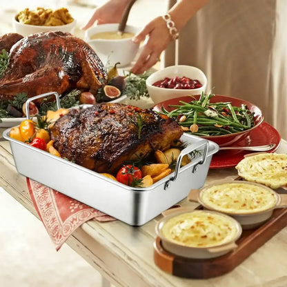 Walchoice Roasting Pan with Rack Set, Stainless Steel Large Turkey Roaster with V-shaped rack & Cooling Rack for Thanksgiving, Heavy Duty & Dishwasher Safe
