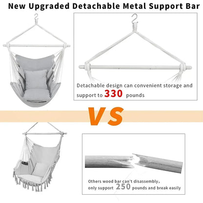 Large Hammock Chair Swing, Relax Hanging Rope Swing Chair with Detachable Metal Support Bar & Two Seat Cushions, Cotton Hammock Chair Swing Seat for Yard Bedroom Patio Porch Indoor Outdoor