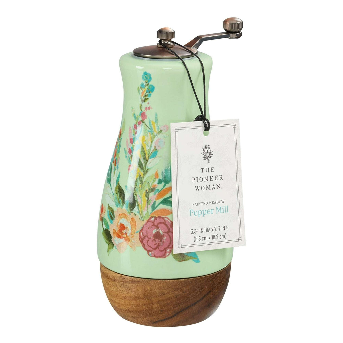 The Pioneer Woman Ceramic Painted Meadow Pepper Mill with Metal Grinder and Acacia Wood Base, A Practical Choice for Seasoning Storage and Serving