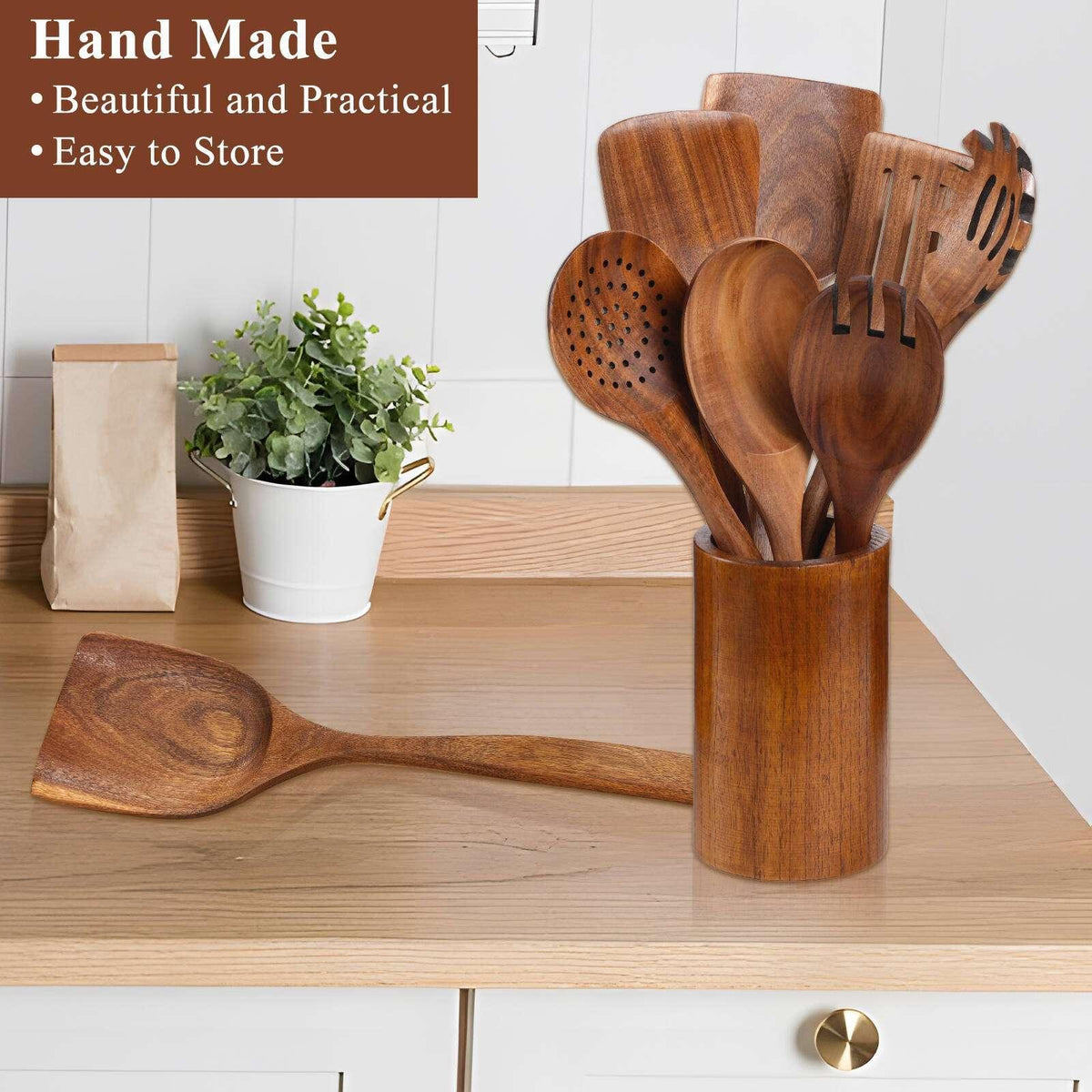 VAVSEA Thick Wooden Spoons for Cooking, 8 Pcs Natural Wooden Utensil for Cooking with Non-Stick, Heat Resistant, Wood Kitchen Utensil Set