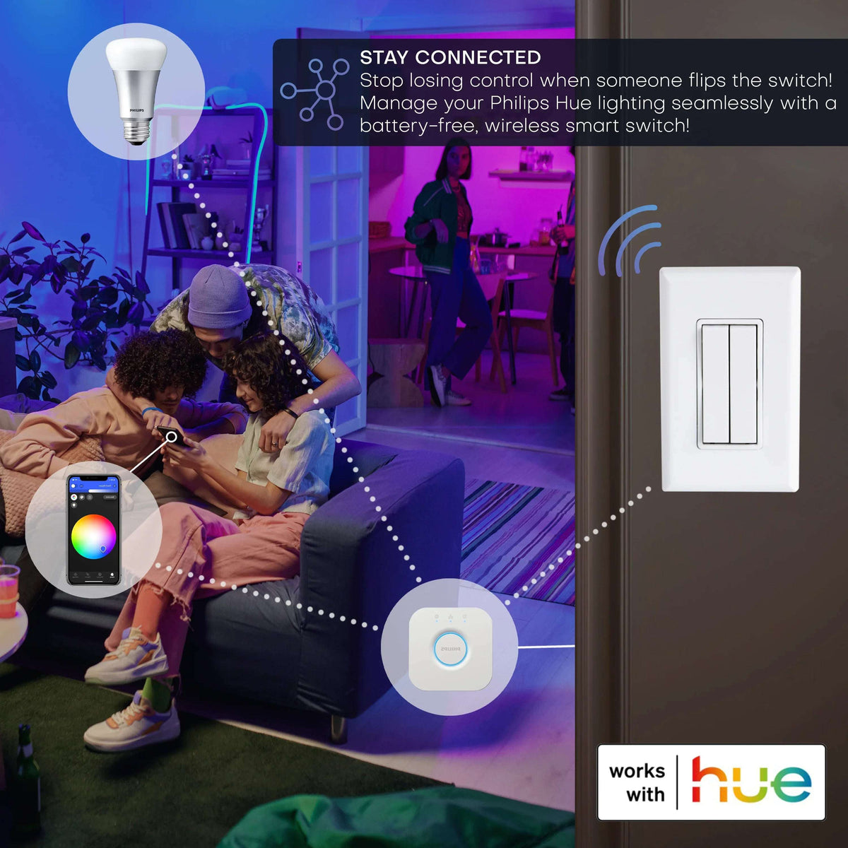 RunLessWire Click for Philips Hue Wireless Battery-Free Smart Dimming Light Switch- Brown