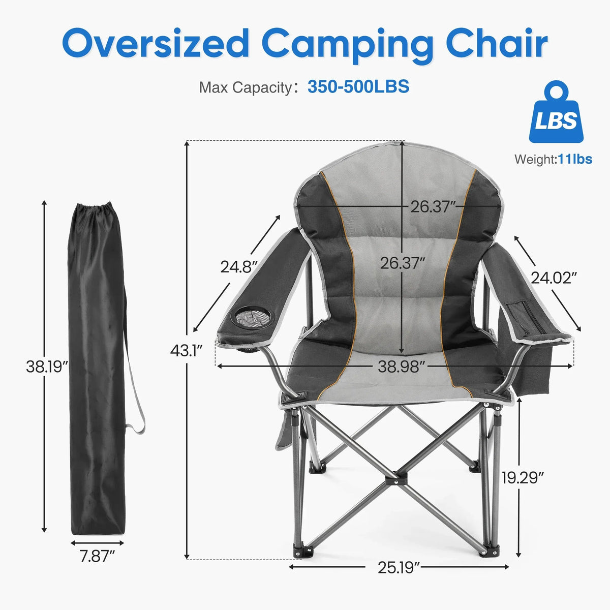 EDX Oversized Camping Folding Chair, Heavy Duty Padded Chair with Cup Holder Storage and Cooler Bag, 5000 LBS Steel Frame, Portable for Outdoor,Black Gray
