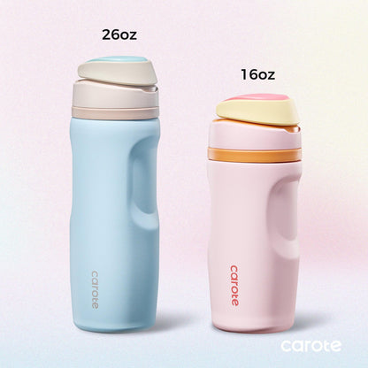 Carote 2-Pack Stainless Steel Water Bottle, Insulated Tumbler with Straw, Vacuum Sealed & Leakproof, 16 fl oz Pink & 26 fl oz Blue