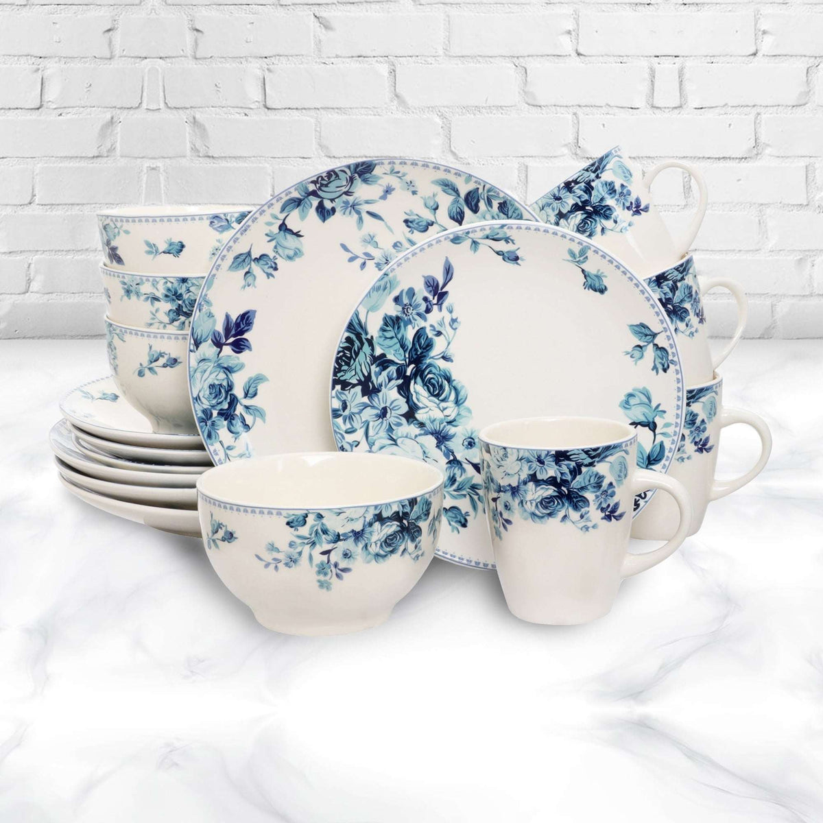 Elama Blue Rose Traditional 16 Piece Elegant Dinnerware Set