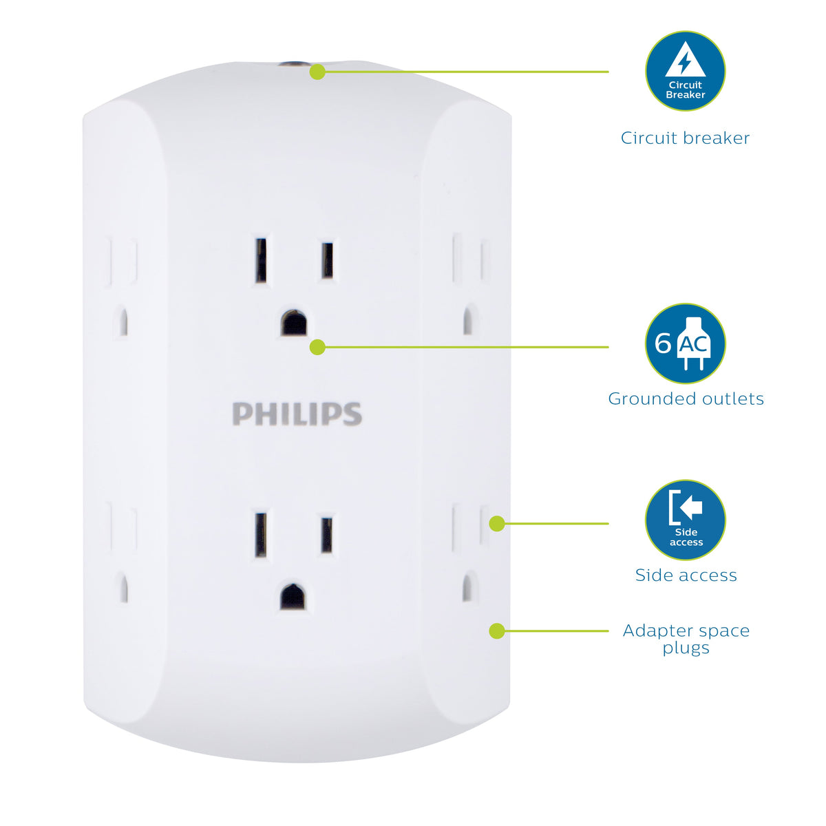 Philips 6 Outlet Grounded Wall Tap, Resettable Circuit Breaker, White, SPS1460WA/37