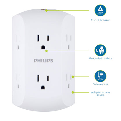 Philips 6 Outlet Grounded Wall Tap, Resettable Circuit Breaker, White, SPS1460WA/37