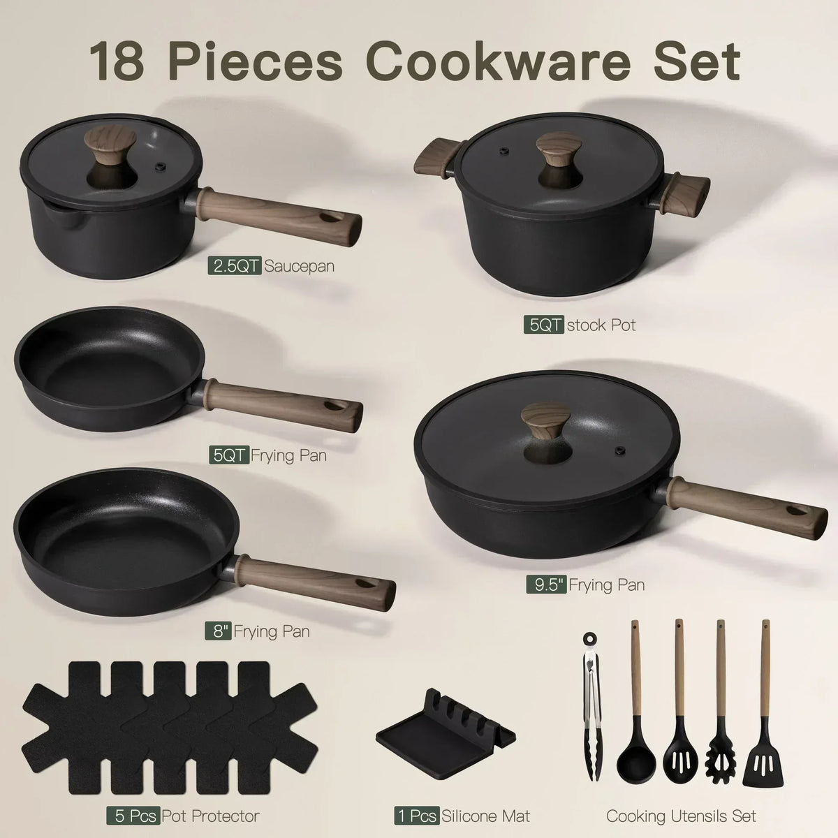 Astercook 18-Piece Pots and Pans Set, Black Titanium Induction Nonstick Cookware Set, Oven Safe to 480°F, Induction Compatible & Dishwasher Safe, Kitchen Cooking Set for RV Trips, Camping and Picnic