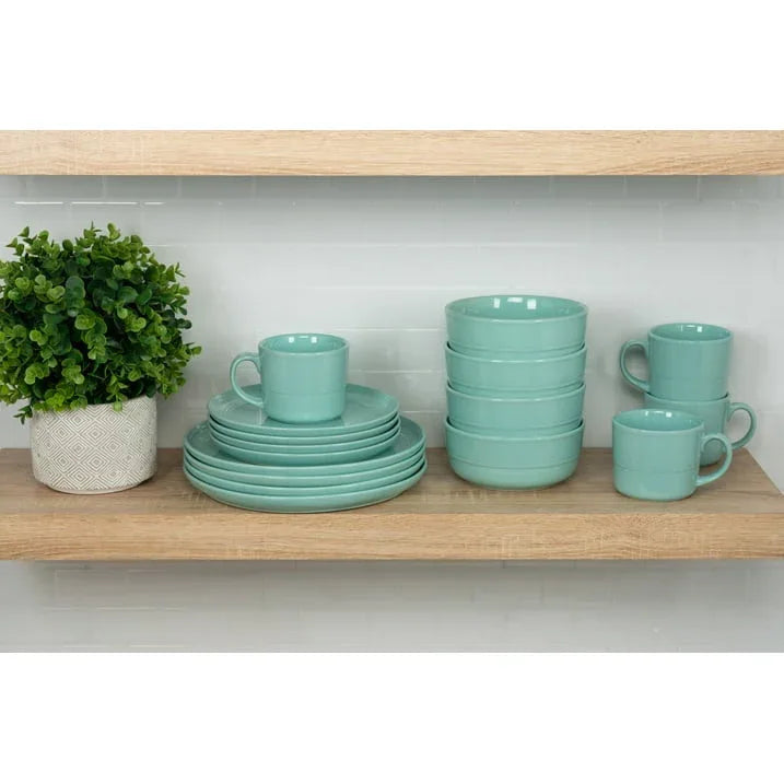 10 Strawberry Street Double Line 16 Piece Stoneware Dinnerware Set, Seafoam