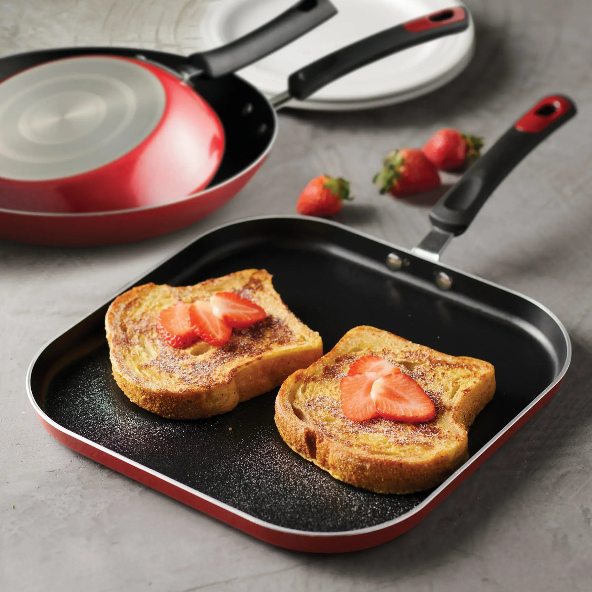 Tramontina everyday 3 pc aluminum nonstick fry pan and griddle set – metallic red