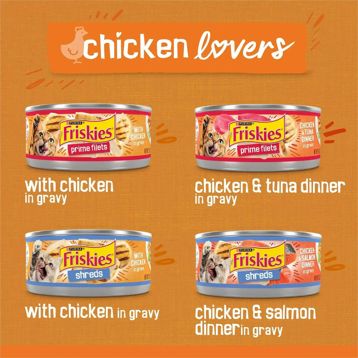 Purina Friskies Gravy Wet Cat Food Variety Pack, Chicken Lovers Prime Filets and Shreds, 5.5 oz Cans, 32 Pack