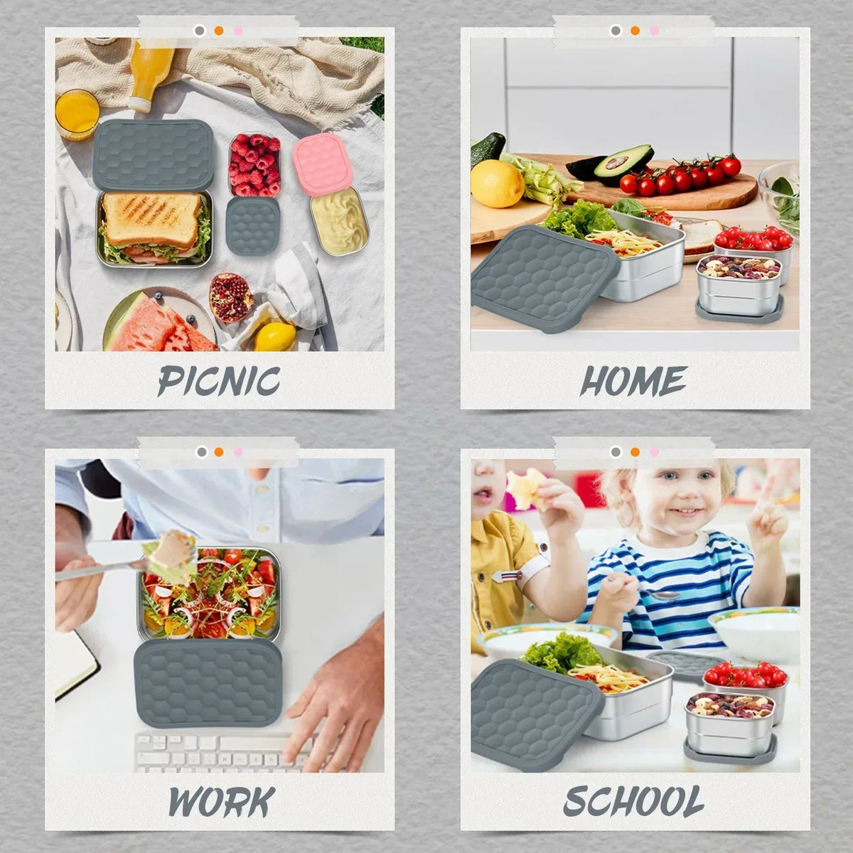 Vesteel Stainless Steel Lunch Container Set, Leak Proof Bento Box with Silicone Lids, Portable Metal Lunch Box for School and Daycare(25OZ + 8OZ*2), Grey
