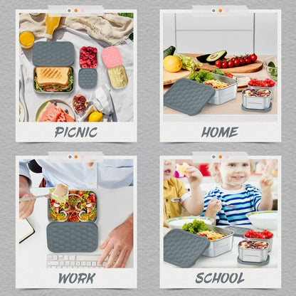 Vesteel Stainless Steel Lunch Container Set, Leak Proof Bento Box with Silicone Lids, Portable Metal Lunch Box for School and Daycare(25OZ + 8OZ*2), Grey