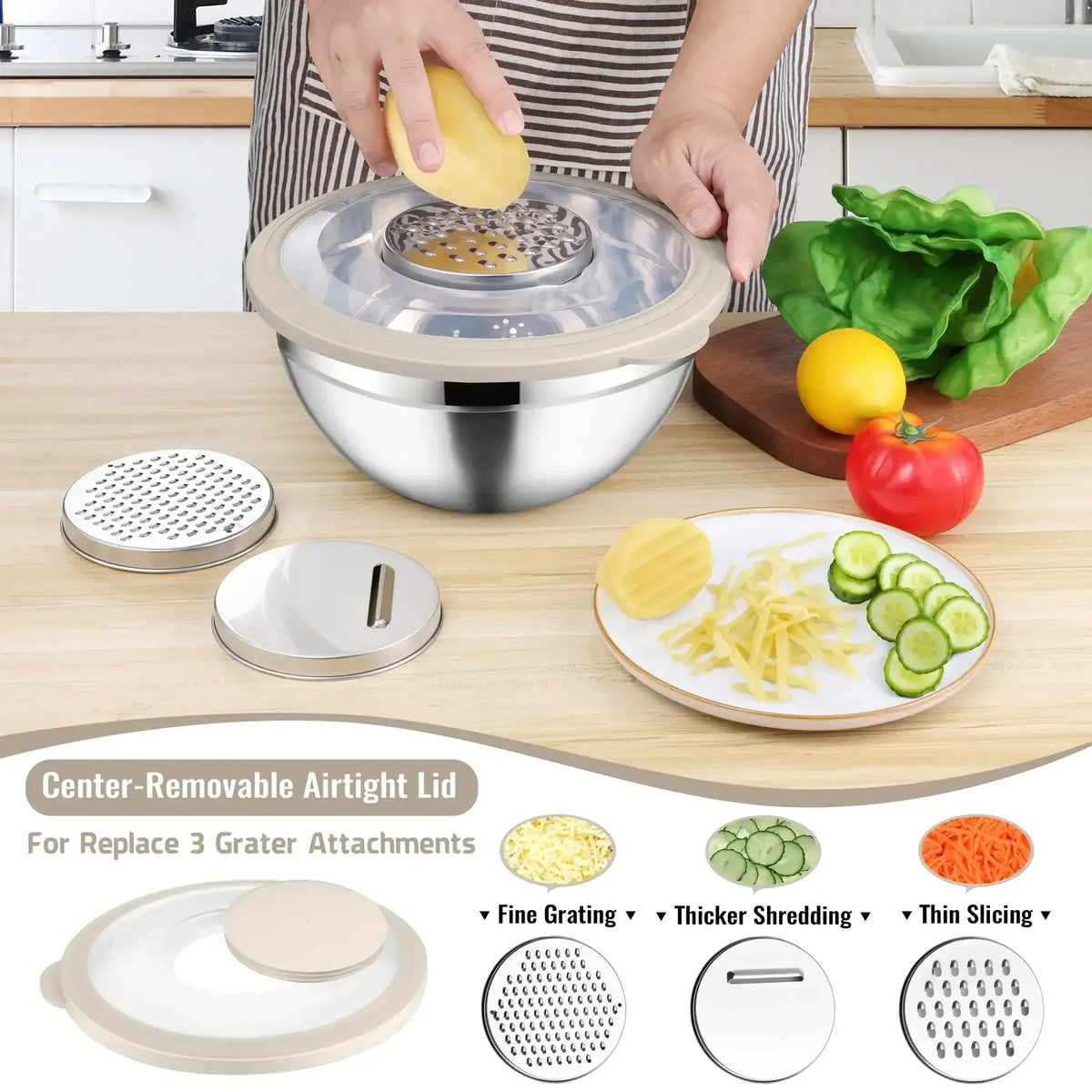Vesteel Mixing Bowls with Lids Set of 8, Stainless Steel Prep Bowls with Upgraded Airtight Visible Lid, Metal Nesting Bowl Attach with 3 Graters for Kitchen Grating/ Shredding / Mixing