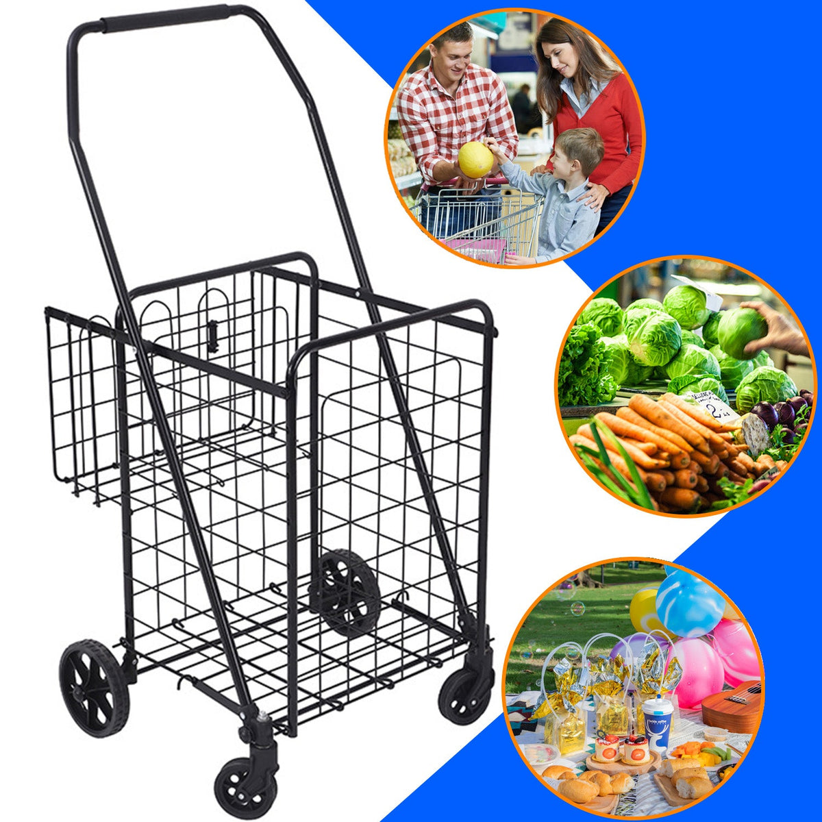 Folding Shopping Cart, Heavy Duty Grocery Cart with Removable Basket, 360° Rolling Laundry Cart & Lightweight Trolley for Shopping, Grocery, Laundry, Supermarket, Camping, Outdoor, Beach