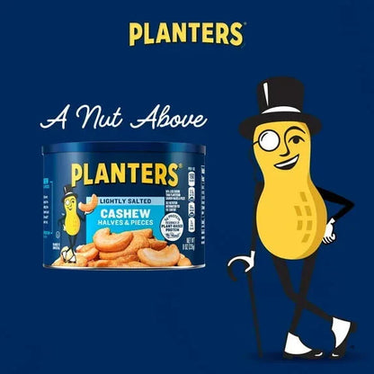 PLANTERS Lightly Salted Cashew Halves and Pieces, Party Snacks, Plant-Based Protein, 8 oz Canister