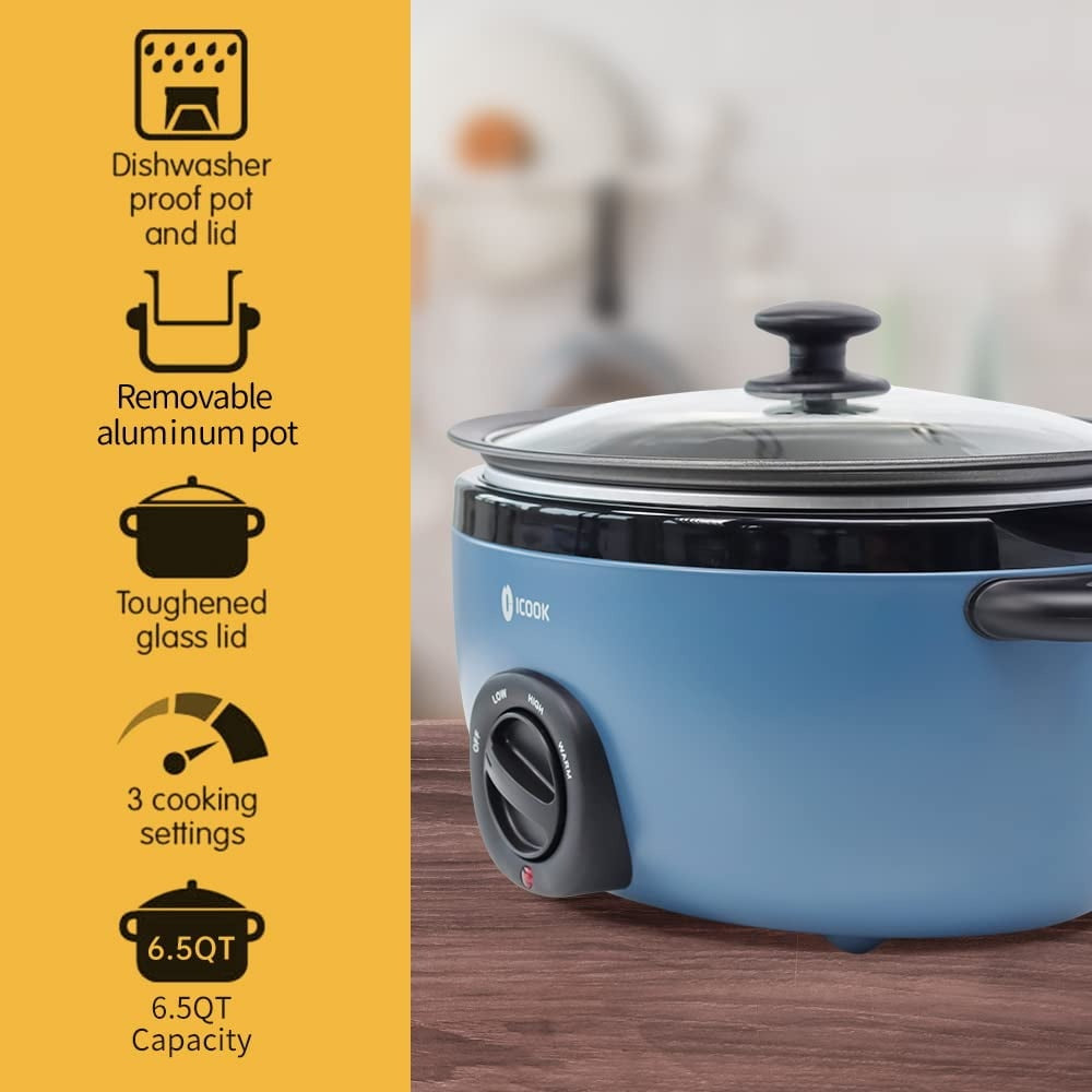 6.5 Quart Slow Cooker, Aluminium Sear/Sauté Stew Pot Stovetop Safe, Dishwasher Safe, Glass Lid, Adjustable Temp, Food Warmer (Blue)