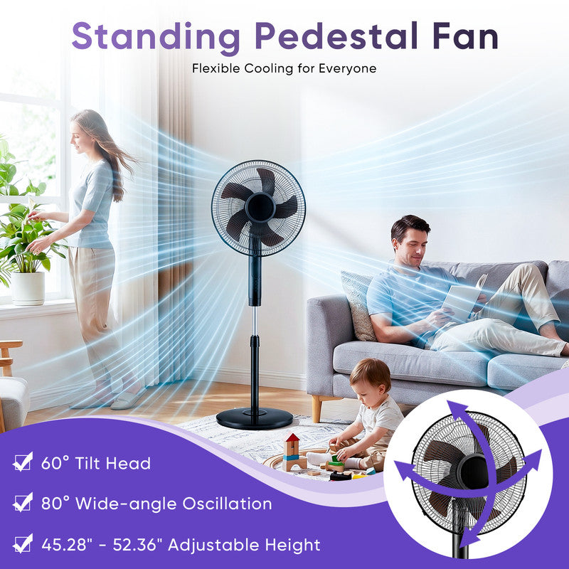 Gianna Quiet Pedestal Fan with Remote, Standing Floor Fan for Bedroom, Home Office - 15H Timer, 3 Speed & 3 Wind Modes, 80°Oscillating, Adjustable Height，Black