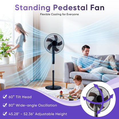 Gianna Quiet Pedestal Fan with Remote, Standing Floor Fan for Bedroom, Home Office - 15H Timer, 3 Speed & 3 Wind Modes, 80°Oscillating, Adjustable Height，Black