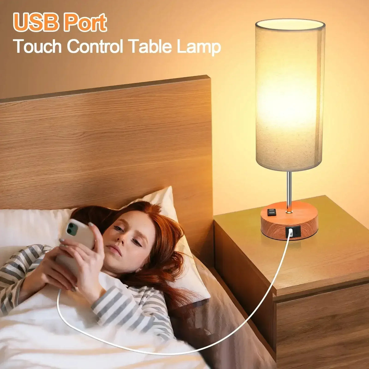 Table Lamps for Bedroom, 3 Way Dimmable Touch Control Bedside Lamp with USB C+A Fast Charging Ports, Nightstand Lamp for Office, Living Room, Reading(E26 Light Bulb Included)