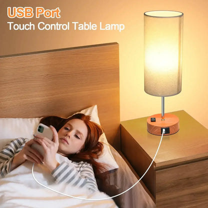 Table Lamps for Bedroom, 3 Way Dimmable Touch Control Bedside Lamp with USB C+A Fast Charging Ports, Nightstand Lamp for Office, Living Room, Reading(E26 Light Bulb Included)