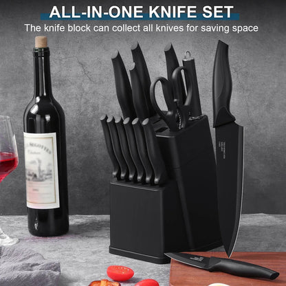 Walchoice 15 Pieces Knife Set with Block, High Carbon Stainless Steel Kitchen Knife Set with Sharpener, Rust Resistant & Dishwasher Safe