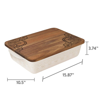 The Pioneer Woman 9" x 13" Vintage Lace Ceramic Casserole Baking Dish with Wood Lid, Linen