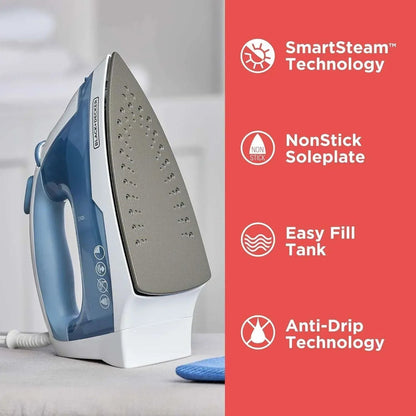 BLACK+DECKER Easy Steam Compact Iron, IR40V, Nonstick Plate, SmartSteam, Anti-Drip, Auto Shutoff