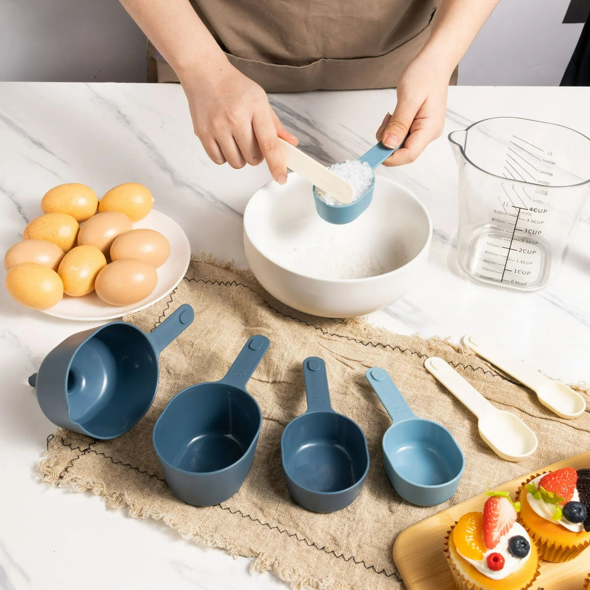 Mainstays 9-Piece Stackable Measuring Set Kitchen Tools for Cooking, 7.48" L, Blue