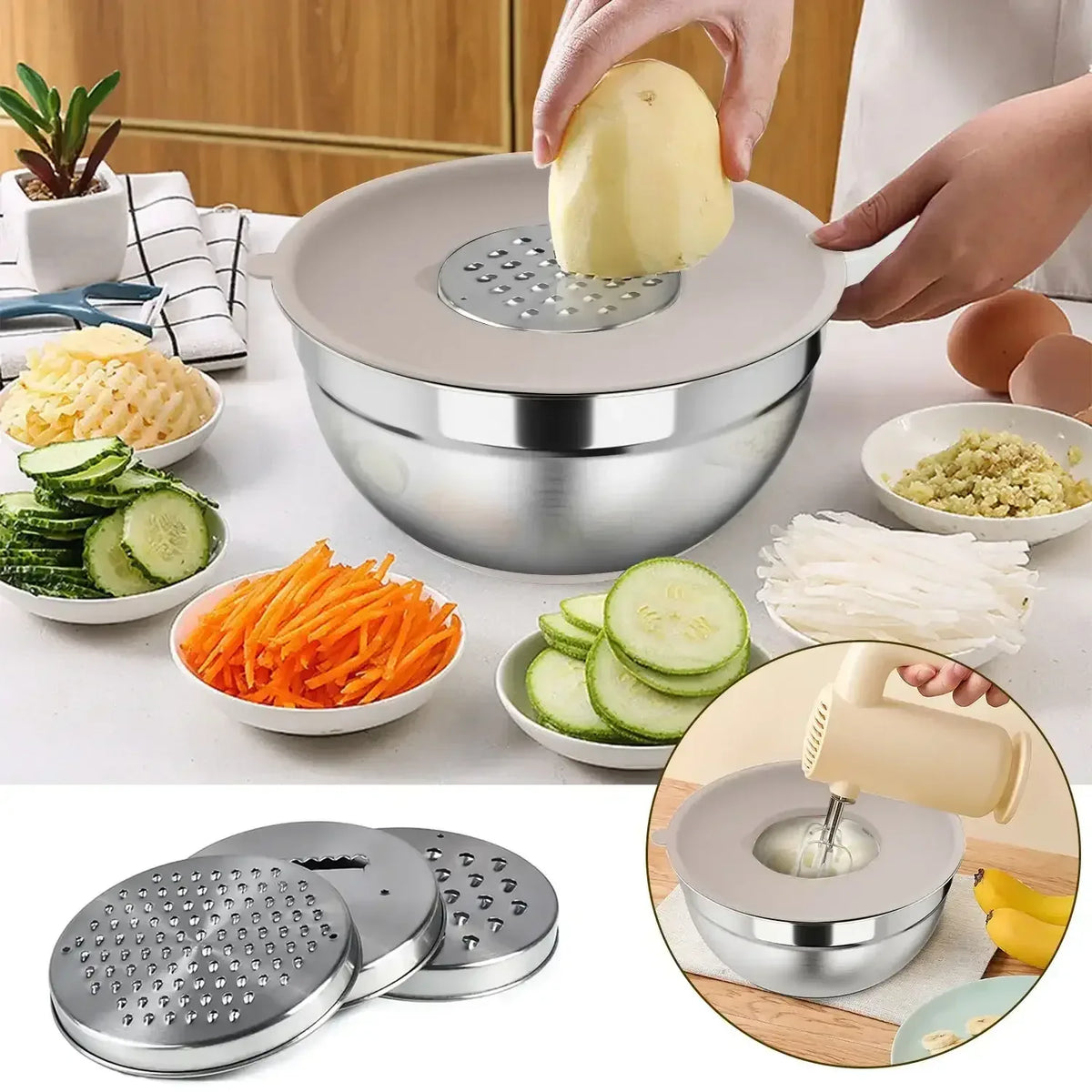 TINANA 26PCS Stainless Steel Mixing Bowls with Lids Set, Nesting Mixing Bowl Set with Non-Slip Bottom Graters Tools Gadgets, 7/4/3.5/2.5/2/1.5QT Metal Salad Bowls for Serving Prepping Baking