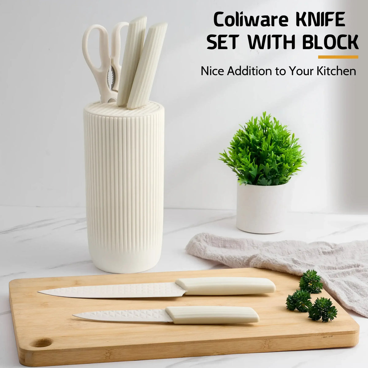 Joyfair Kitchen Knife Set, 7 Pcs Stainless Steel White Knives Block Set for Chef, Super Sharp Professional Knife Set with Universal Knife Block for Home Restaurant, Non-Stick & Anti-Rust
