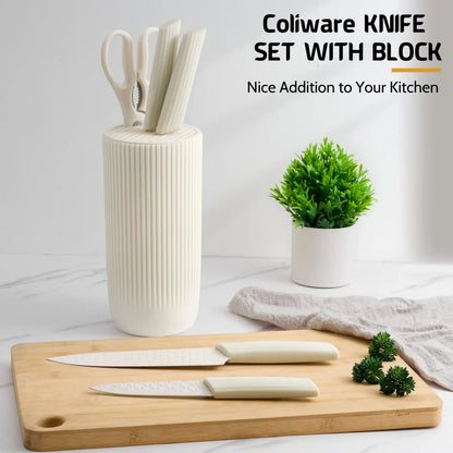 Joyfair Kitchen Knife Set, 7 Pcs Stainless Steel White Knives Block Set for Chef, Super Sharp Professional Knife Set with Universal Knife Block for Home Restaurant, Non-Stick & Anti-Rust