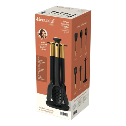 Beautiful 6-Piece Silicone Kitchen Utensil Tool Set with Rotating Rack, Black Sesame by Drew Barrymore