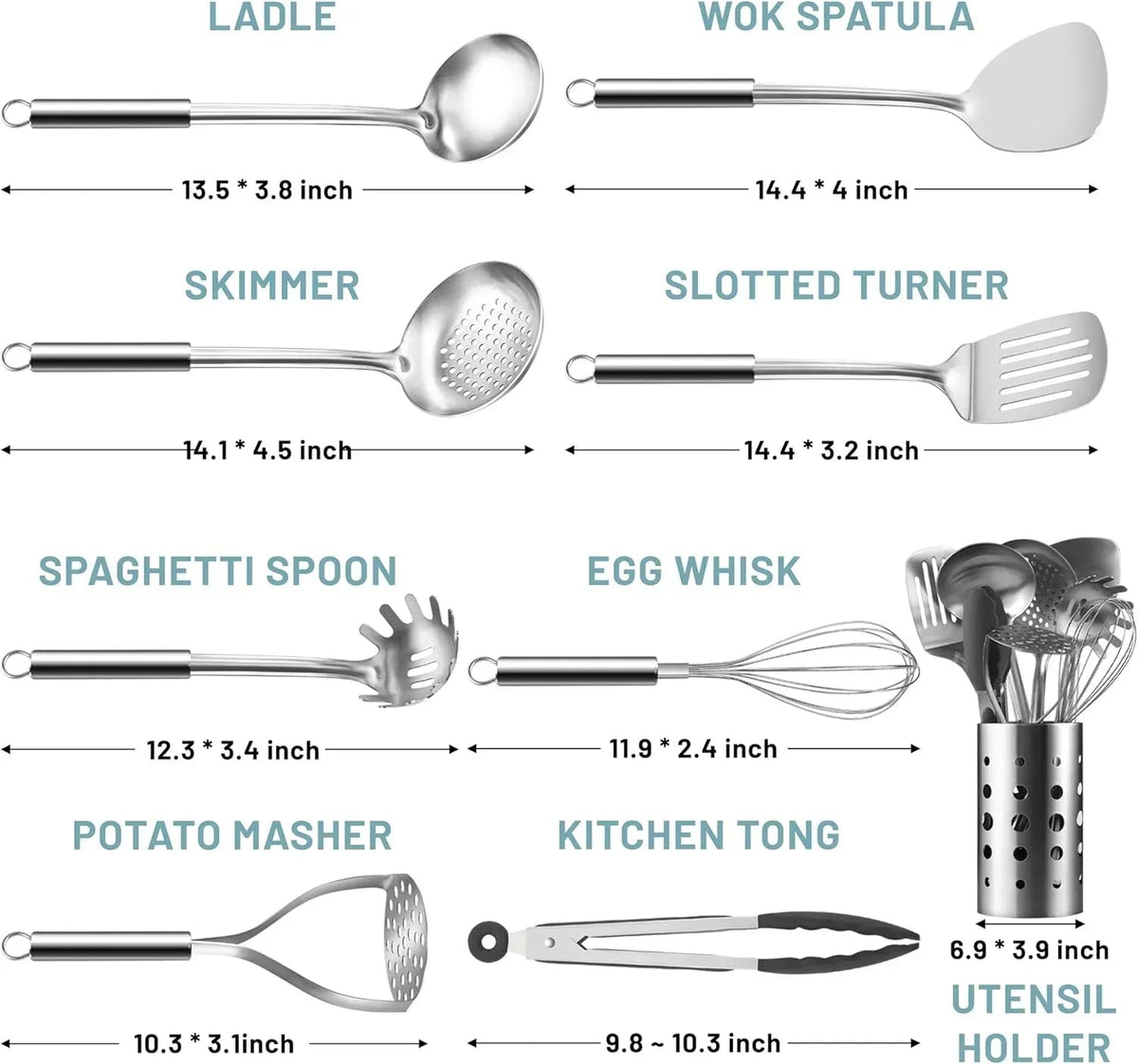 Mirdinner Cooking Utensils Set, 9 Pcs Stainless Steel Kitchen Utensils Set, Kitchen Tools Set, Spatula Sets w Utensil Holder, Wok Spatula,Ladle,Egg Whisk,Non-Stick And Heat Resistant, Dishwasher Safe