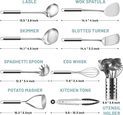 Mirdinner Cooking Utensils Set, 9 Pcs Stainless Steel Kitchen Utensils Set, Kitchen Tools Set, Spatula Sets w Utensil Holder, Wok Spatula,Ladle,Egg Whisk,Non-Stick And Heat Resistant, Dishwasher Safe
