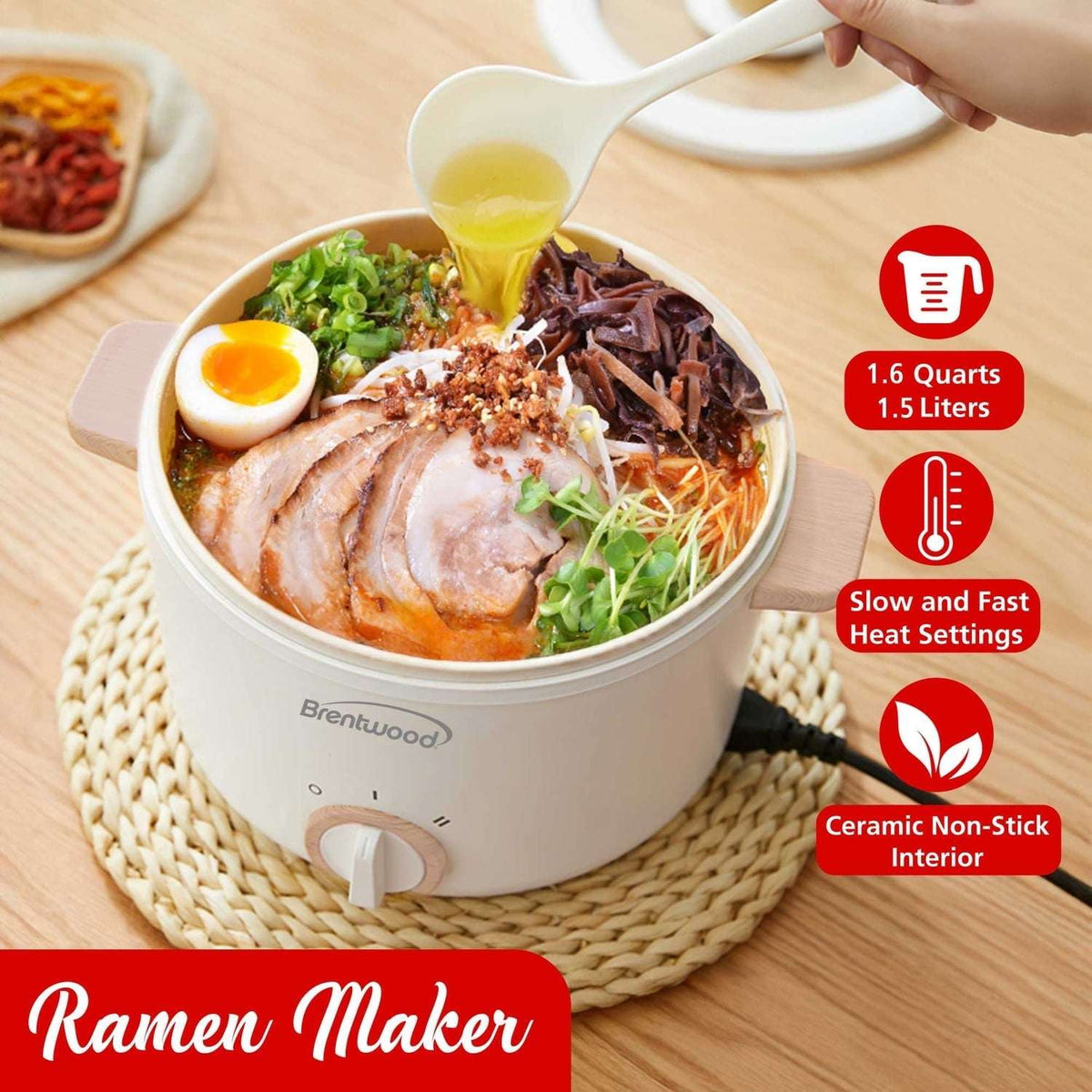 Brentwood 1.6-Qt. Multi-Function Electric Hot Pot Cooker with Stainless Steel Food Steamer and Ceramic Non-Stick Coating, White, HPS-3162W, HPS-3162W